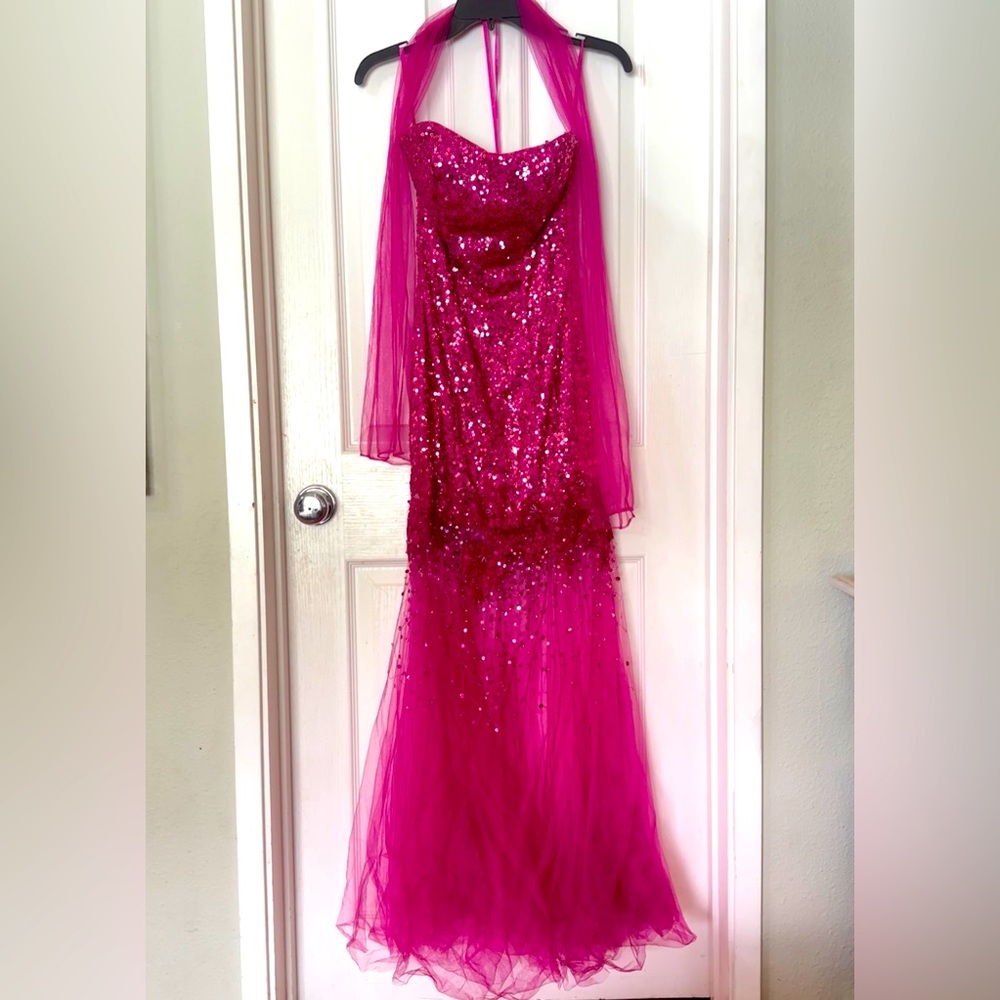 Barbie Pink Sequin Prom/Formal Dress. Strapless with chiffon scarf.